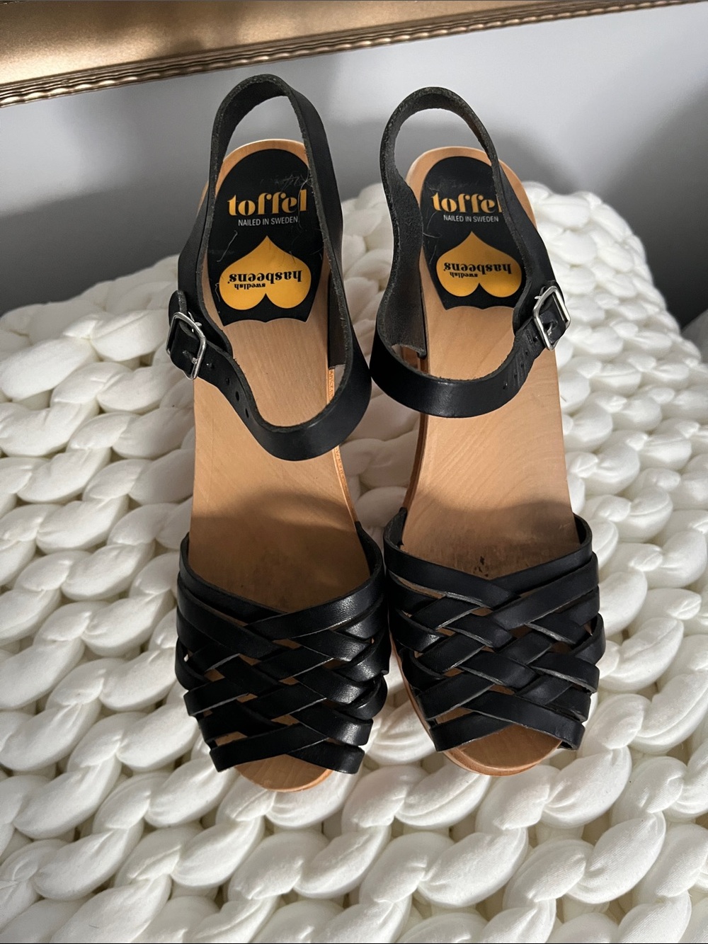 Swedish Hasbeens Black Woven Leather Slingback Clogs